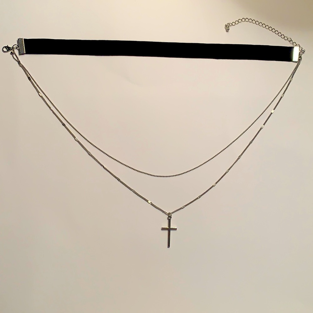 Silver Cross and Black Choker Layered Necklace
